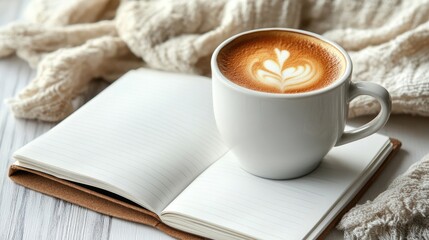 Notebook and coffee cup on a table, perfect for analysis and business concept visuals. The notebook invites ideas while the coffee enhances focus, ideal for a productive setting.