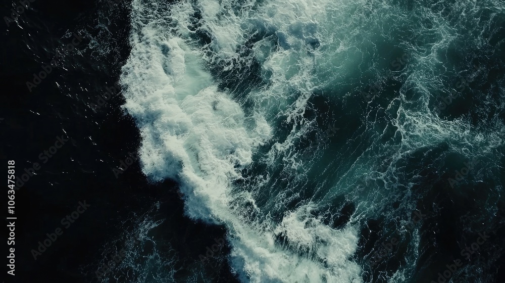 Poster aerial view capturing the dynamic waves breaking in the ocean, highlighting the abstract patterns fo