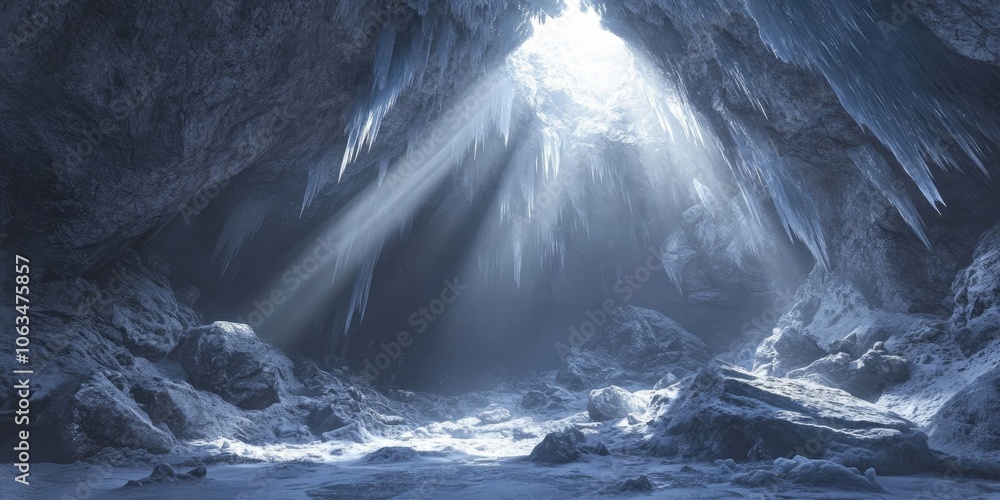 Poster a detailed view of a subterranean glacier cave showcasing ice structures, illuminated by light strea