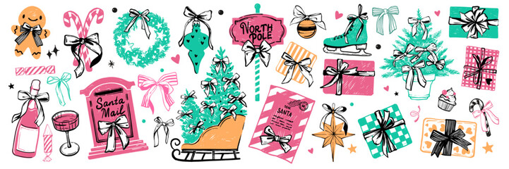 Merry Christmas doodle set, vector hand drawn colorful New Year gift box, pine tree, North Pole sign. Santa Claus mailbox, holiday decoration star, winter celebration sticker kit. Christmas doodle toy