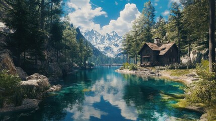 Naklejka premium A crystal-clear river reflecting the sky in the heart of the Alps,