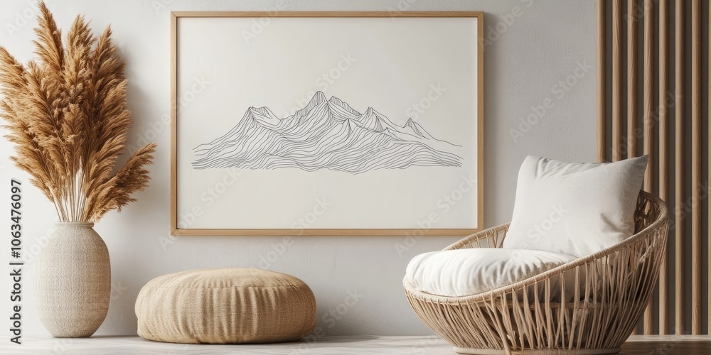 Poster mockup template for wall art featuring mountain line art prints in a bohemian style picture frame. p