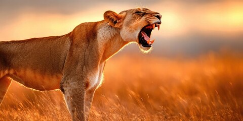 A fierce lioness stands boldly in a commanding warrior pose, showcasing her strength and power as a true symbol of bravery and ferocity.