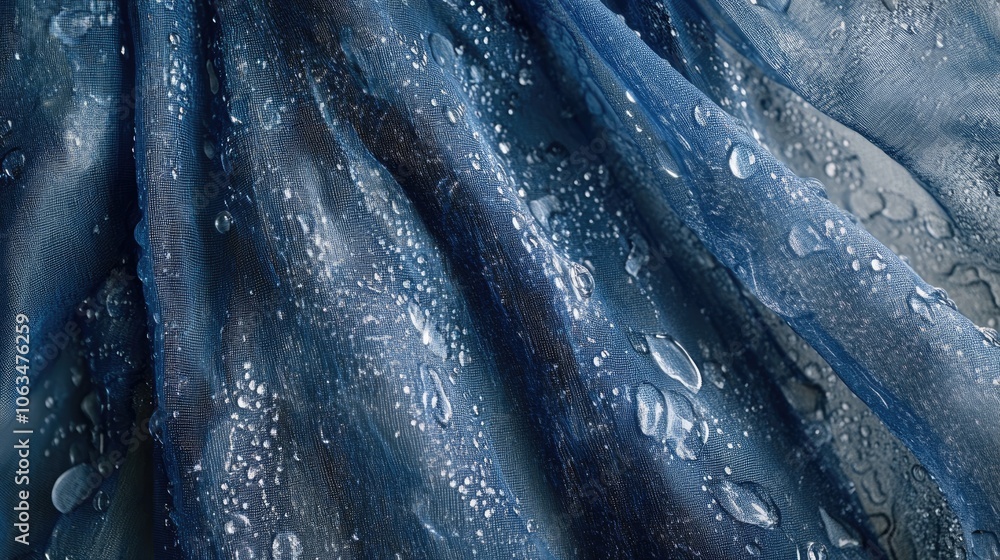 Aufkleber close-up of water droplets on a blue transparent curtain, highlighting the intricate patterns create