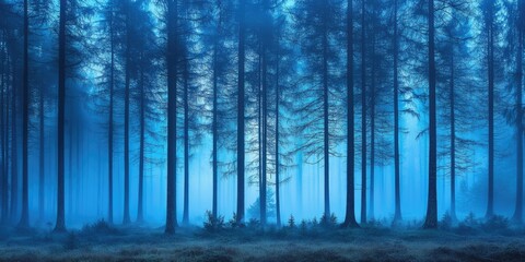 Enigmatic coniferous woodland shrouded in a layer of blue mist creates an otherworldly atmosphere, blending the mystery of nature with the beauty of fog.