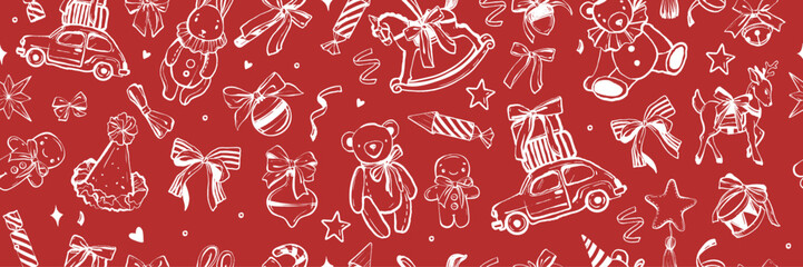 Traditional Christmas vintage toys seamless pattern, vector winter holiday present wrapping paper. Hand drawn New Year cartoon kids texture, teddy bear, cute horse, car. Christmas pattern doodle print