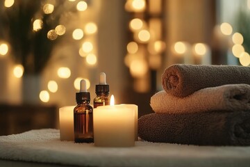 
Candles, towels, and essential oil bottles on a table in a spa salon with blurred lights