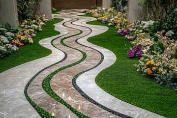 Obraz premium luxury curve light green and brown geometric paving marble zen stones with beautiful green grass line and different flowers 