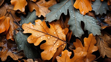 A close-up of autumn leaves, adorned with raindrops, showcasing the intricate details of nature's beauty