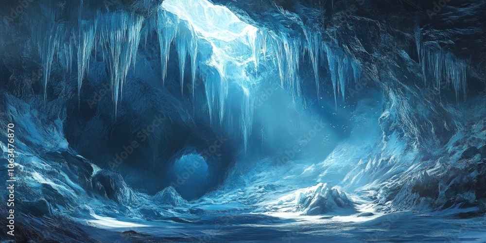Poster a detailed view of a subterranean glacier cave showcasing ice structures, illuminated by light strea