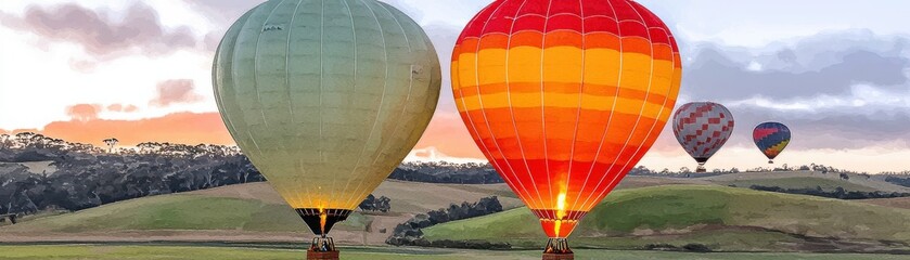 Obraz premium Colorful hot air balloons in a scenic landscape at sunset