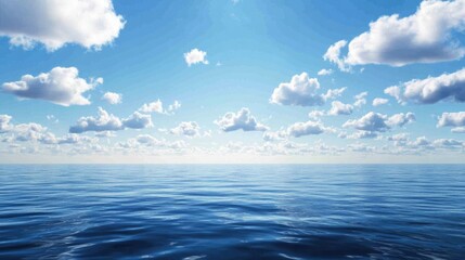 Majestic seascape panorama captures the tranquility of the ocean under a vast sky filled with clouds. A serene view of nature that invites peace and reflection, with ample copy space.