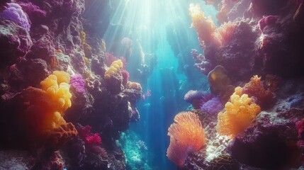 Naklejka premium Vibrant Coral Reef with Sunlight Beams