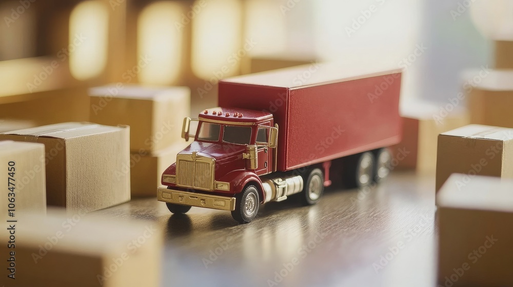 Poster model truck and assorted cardboard boxes displayed with a soft blur in the background, symbolizing t