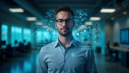 Fototapeta premium portrait of a businessman wearing glasses surrounded by a holographic ui interface