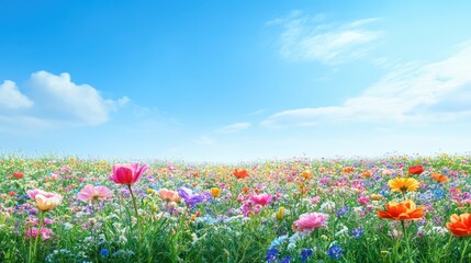 Obraz premium A vibrant field filled with an array of colorful flowers in soft focus, complemented by a clear blue sky above, offers a serene and picturesque scene with ample copy space.