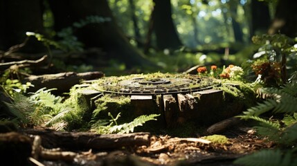 Fototapeta premium A circular metal object embedded in a moss-covered tree stump, surrounded by ferns and wildflowers, bathed in the soft light filtering through a forest canopy.