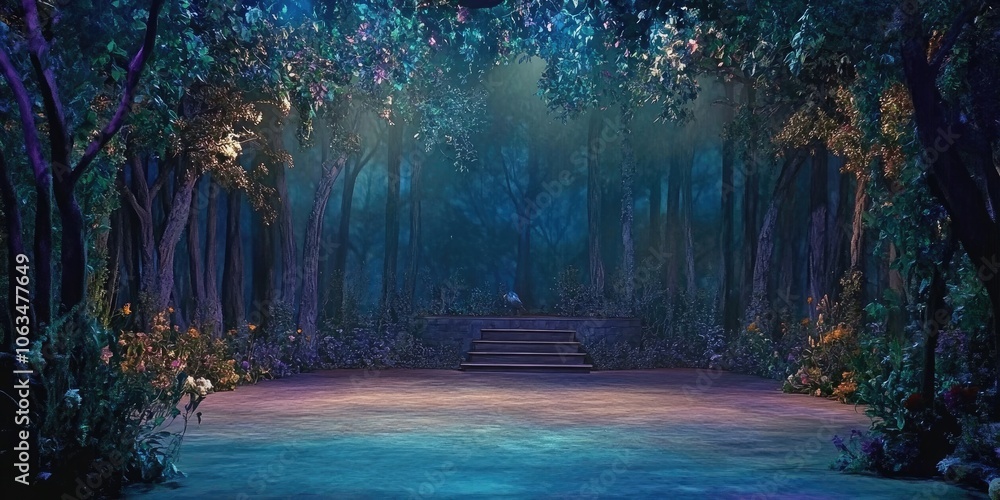 Aufkleber a magical forest backdrop featuring an unoccupied stage, creating an atmosphere filled with enchantm
