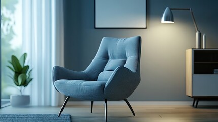 Contemporary living room interior exudes tranquility, highlighted by a grey armchair that adds a modern touch. The design creates a serene atmosphere with ample photo style copy space.