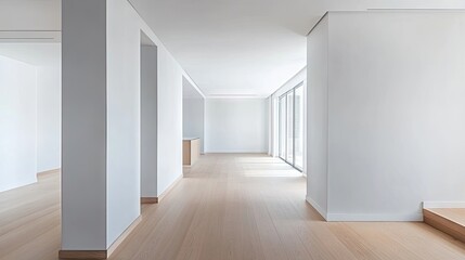 Fototapeta premium New apartment interior design featuring a clean aesthetic with white walls and a wooden floor, creating an inviting space that emphasizes minimalism and comfort, with ample copy space.