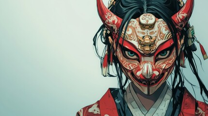 Girl young face character devil oni mask theme mask horror background wallpaper AI generated image