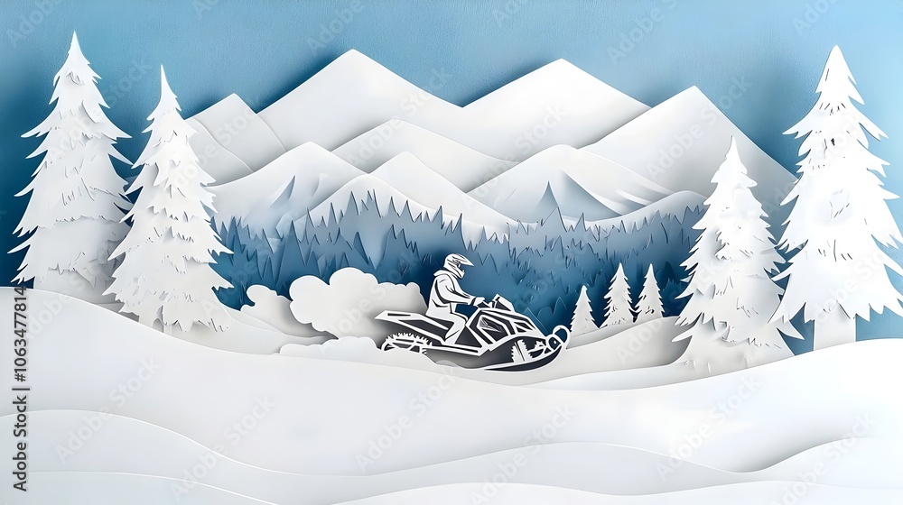 Poster detailed paper cut style of a snowmobile navigating through a snowy mountain landscape with layered 