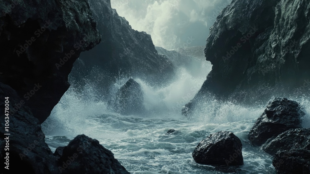 Poster powerful waves crash against large rocks, creating a striking visual impact. the dynamic scene captu