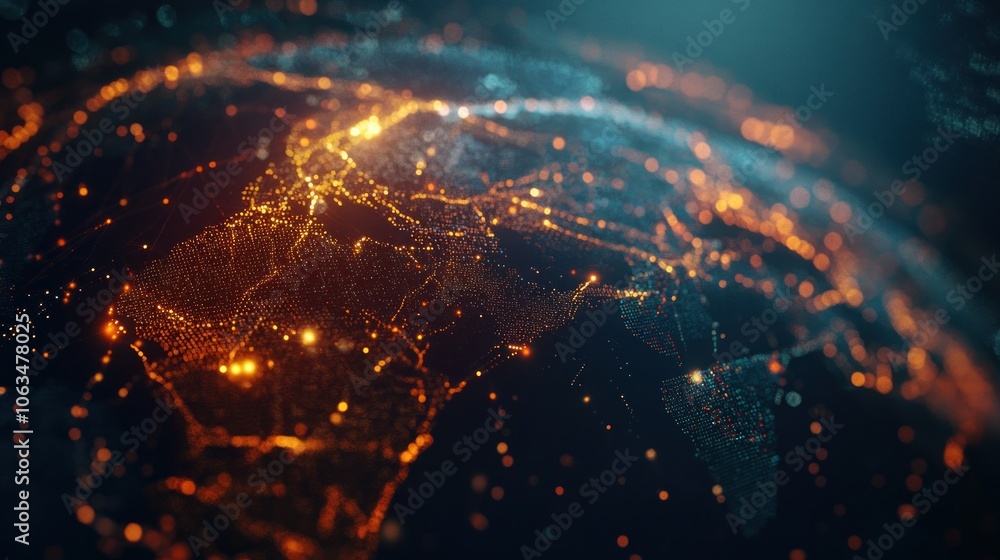 Poster global digital map data world analysis internet network connection glows bright orange background wa
