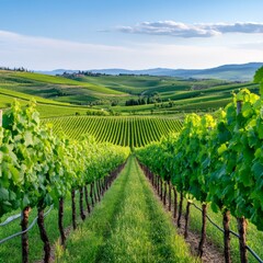 Lush vineyard landscape with rows of grapevines under a blue sky.