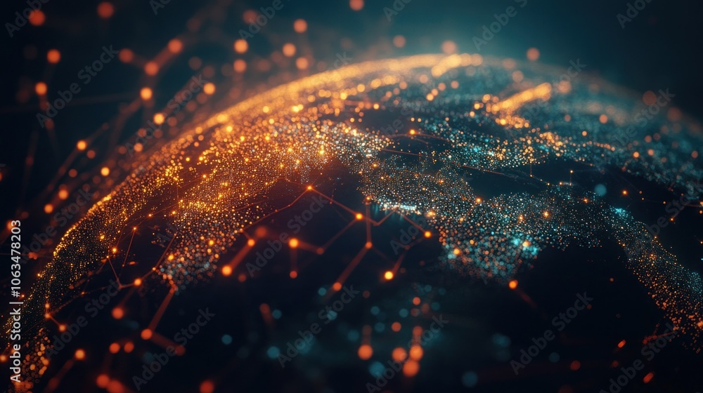 Poster global digital map data world analysis internet network connection glows bright orange background wa