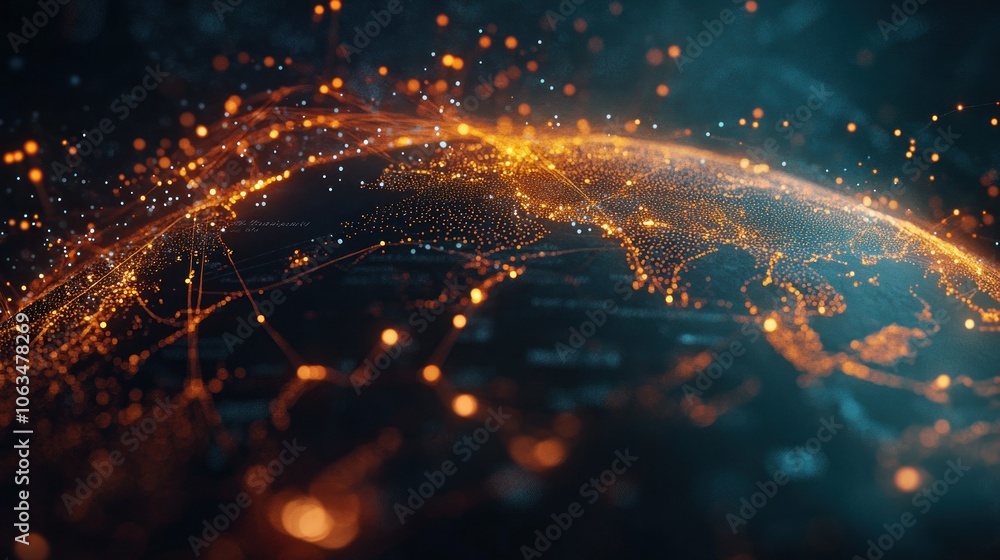 Poster global digital map data world analysis internet network connection glows bright orange background wa