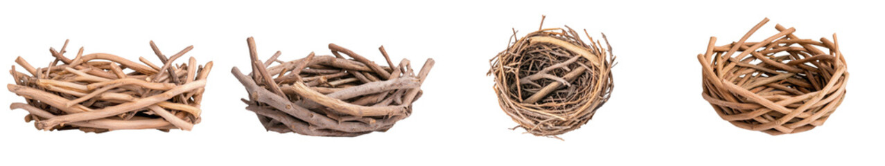 White background with an empty nest made of twigs.