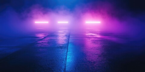 Obraz premium Illuminated neon lights in shades of blue and purple shine through fog, casting a surreal glow on the city pavement, creating an abstract and atmospheric nighttime scene.