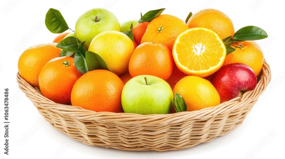 Poster isolated collection of vibrant oranges and apples in a basket, highlighting the freshness and variet