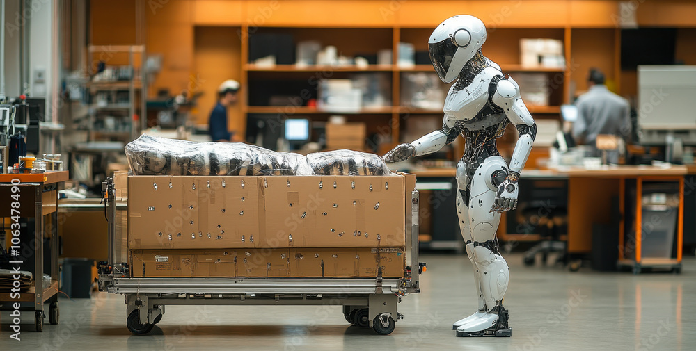 Poster advanced humanoid robot handling cargo in high-tech laboratory setting