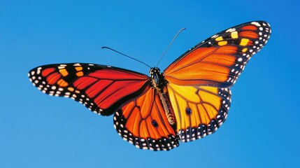 Obraz premium Vibrant butterfly in flight, with wings open wide against a bright blue sky, captures the essence of nature. The vibrant butterfly epitomizes beauty and freedom, offering ample space for creative use.