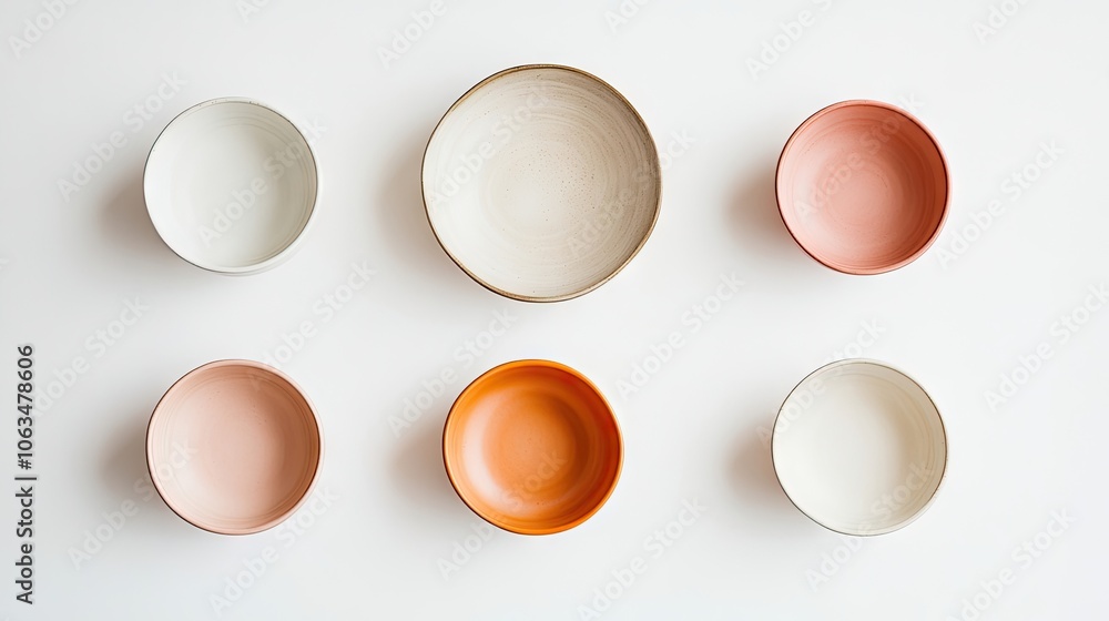Poster empty bowls arranged on a clean white background, with an empty plate positioned above them, creatin
