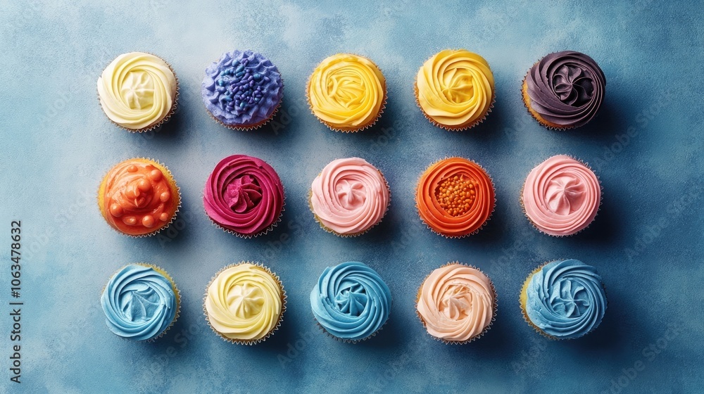 Poster twelve cupcakes creatively arranged with a gradient of frosting and a variety of toppings, perfect f