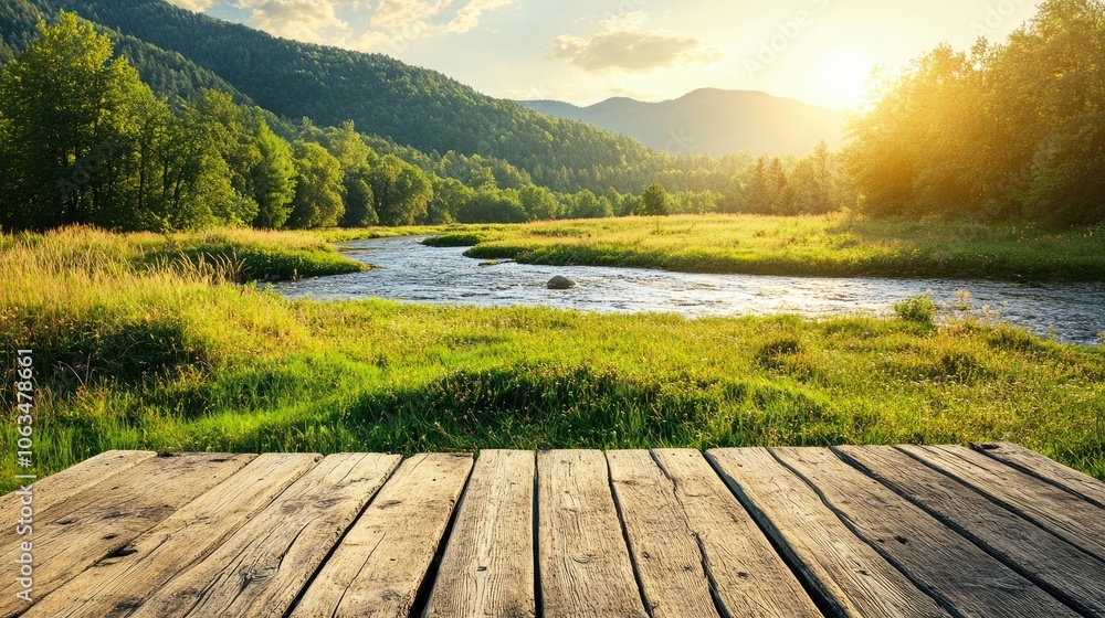Poster wooden table set in a serene meadow with a backdrop of a mountain river illuminated by sunlight, off