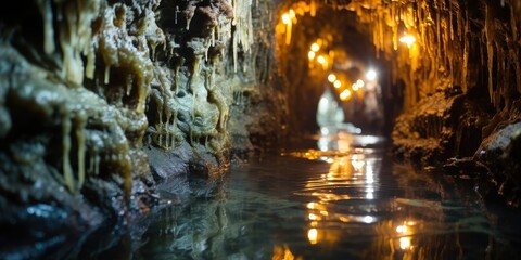 A narrow cave passage illuminated by warm lights reflecting off the calm surface of a flowing stream, revealing intricate rock formations and a sense of hidden beauty.