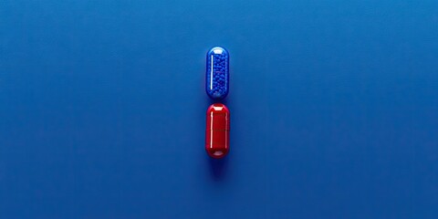 Isolated on a blue backdrop, blue capsules and red pills represent a concept of medication, highlighting the contrasting colors and their significance in pharmaceutical settings.