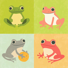Fototapeta premium an illustration of minimalistic scene of frogs in simple, richly colored squares 