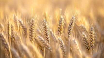 Fototapeta premium Wheat stalks dance gently in the warm golden sunlight at sunset, creating a serene scene. This captivating wheat image captures the essence of tranquility and natures beauty, with ample copy space.