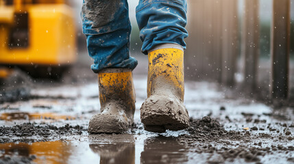 W dolnej części kadru widać nogi pracownika budowlanego, ubranego w robocze spodnie i solidne buty ochronne, stojącego na placu budowy.
