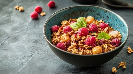 A bowl of cereal serves as a delightful food option for breakfast, offering a nutritious and tasty start to the day. The bowl of cereal provides ample space for product display in the photo.