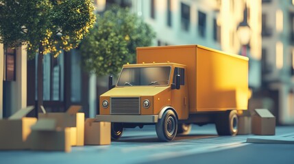 Small-scale delivery truck parked next to assorted cardboard boxes on a gently blurred background, symbolizing efficient shipping