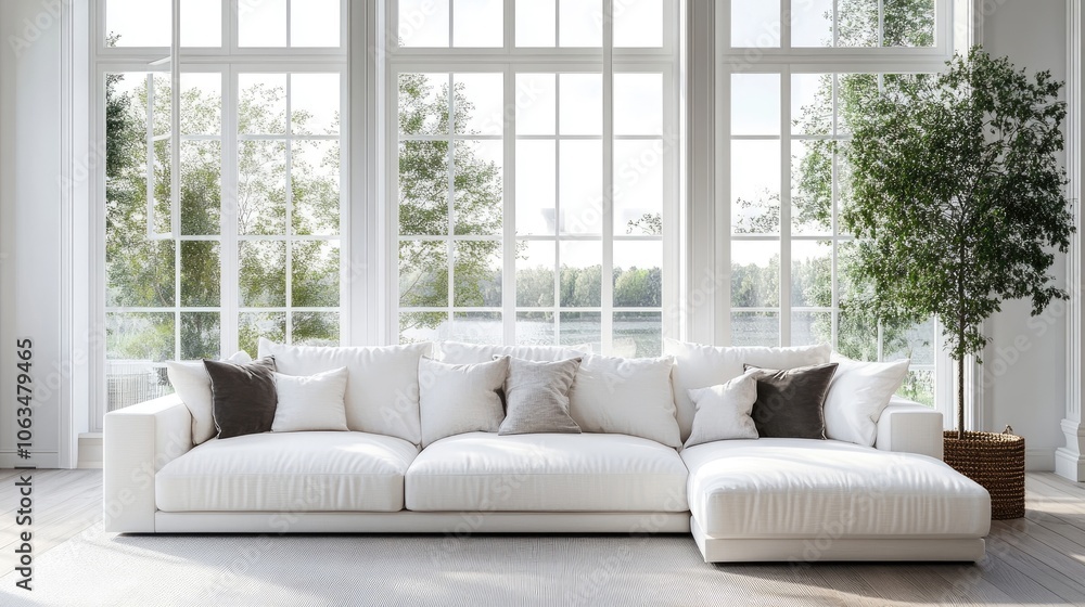 Poster sophisticated white sofa positioned elegantly in front of expansive windows, creating a bright and a