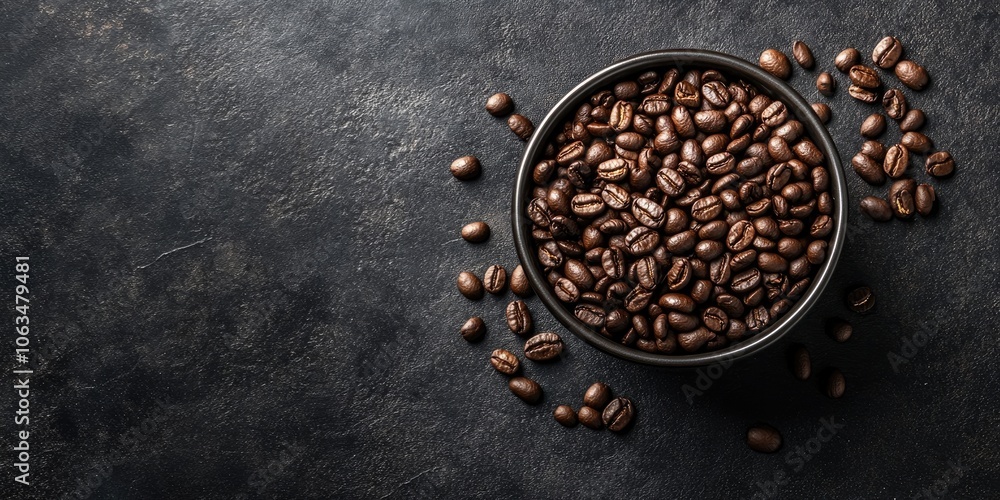 Poster coffee beans are set against a dark backdrop, creating a striking contrast, while there is an area o
