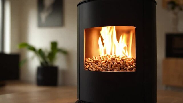 Cozy indoor setting featuring a modern pellet stove with a warm fire and wooden decor, creating a relaxing atmosphere