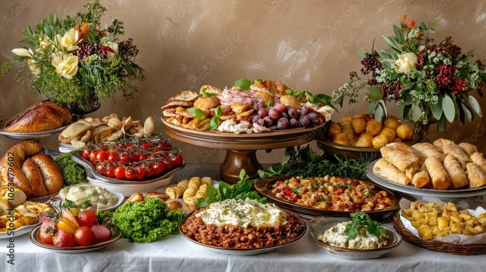 Aufkleber a table filled with an assortment of food items, presenting a variety of delicious dishes. the food 